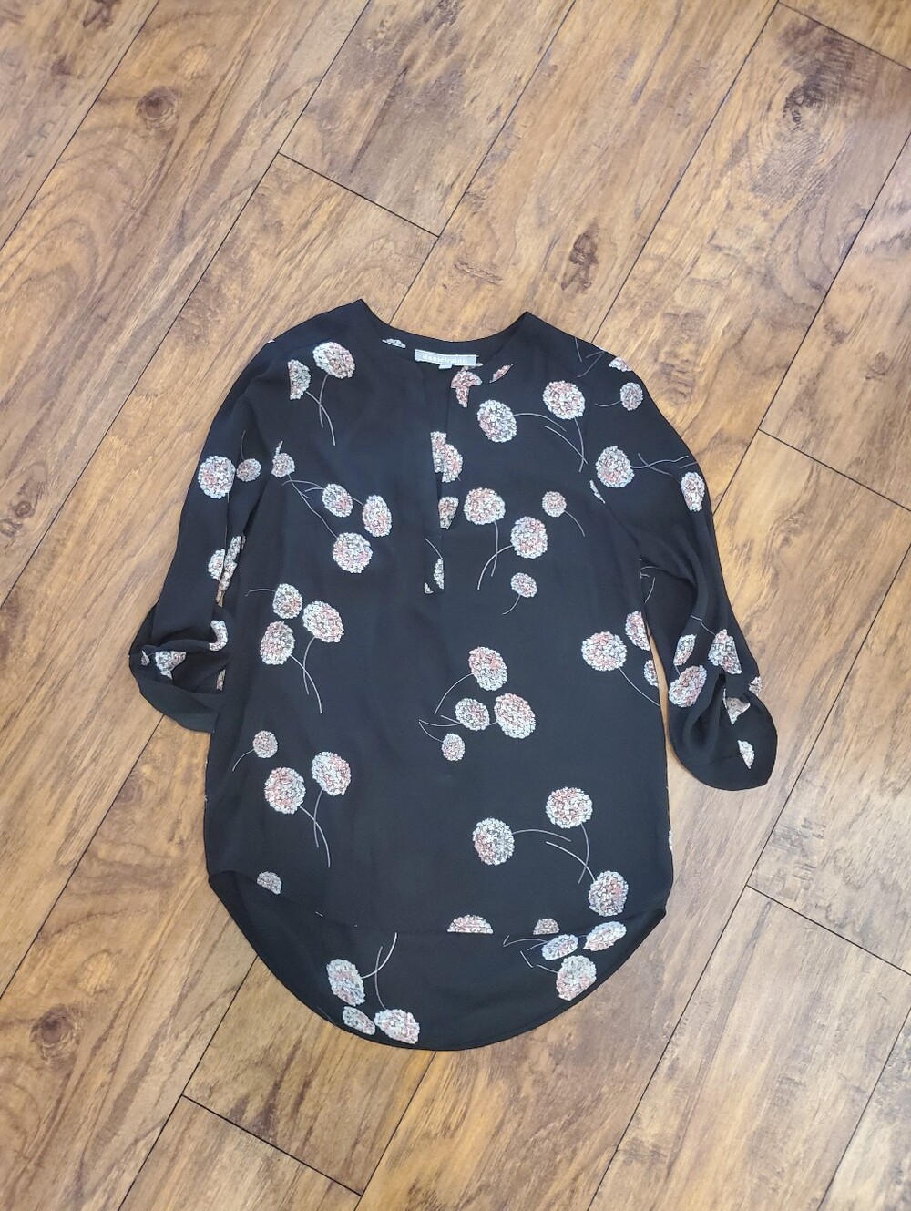 Daniel Rainn Black Floral Roll Tab Sleeve Tunic Blouse XS